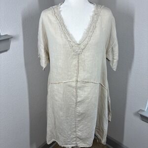 MARISIMA Italy Linen Tunic Dress One Size Raw Hem Boho Lagenlook Peasant Pockets